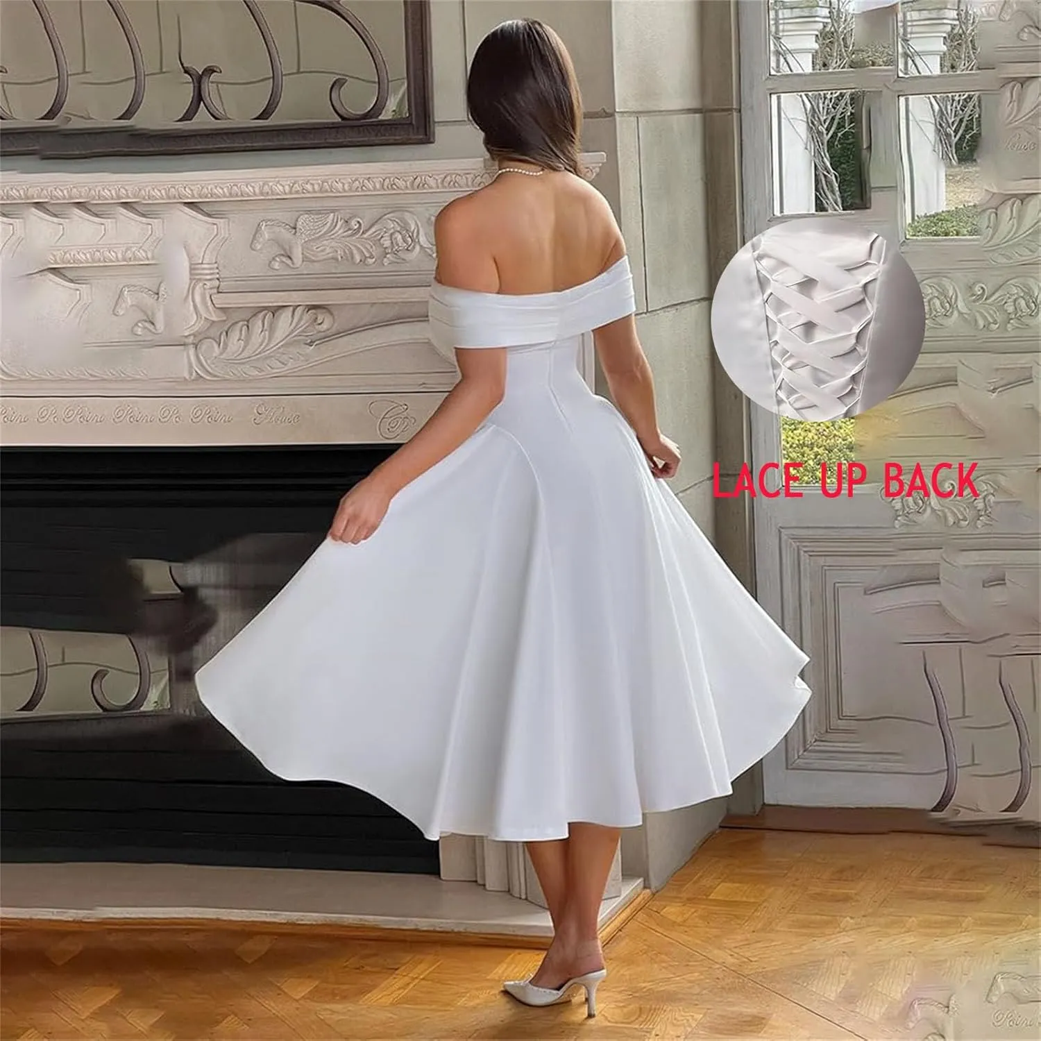 Off The Shoulder Prom Dresses A Line Satin Formal Evening Dress Tea Length Wedding Guest Gowns