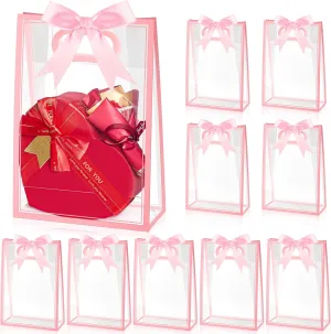 Ohuimrt 12 Pack Clear Plastic Gift Bags with Handles, Reusable Party Favor Bags with Ribbon for Birthday, Wedding, Bachelorette Party, 10.2 x 7.1 x 3.1 Inch (Pink)
