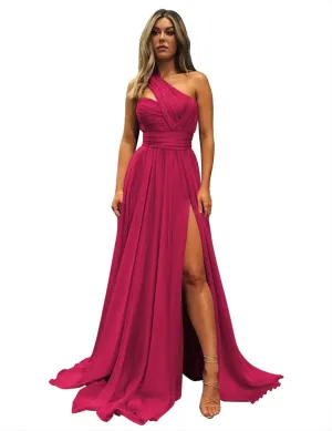 One Shoulder Bridesmaid Dresses for Women 2024 Chiffon Long Prom Dress A Line Formal Dress with Pockets QM106