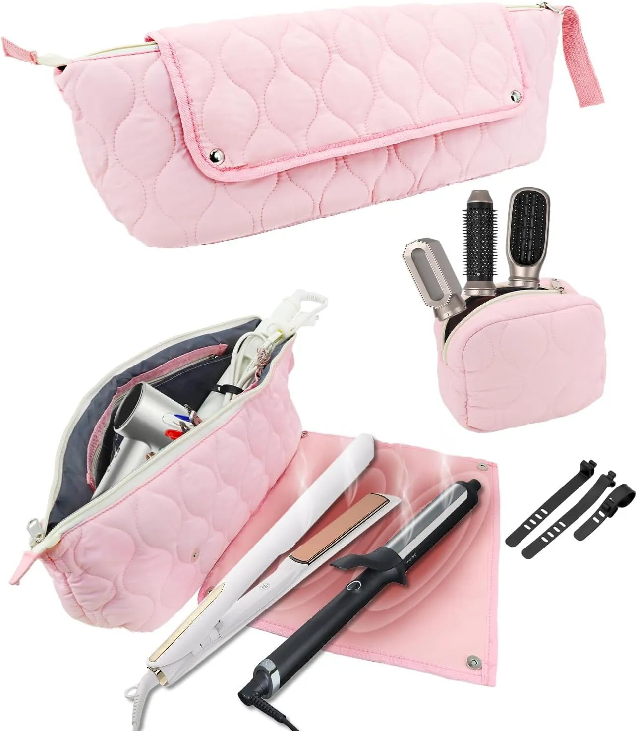 Onism Hair Tools Travel Bag with Heat Resistant Mat for Straighteners, Flat Iron, Curling Iron, Hot Air Brush, Haircare Accessories and Hair Dryer, 2-in-1 design, Portable Organizer((Pink)