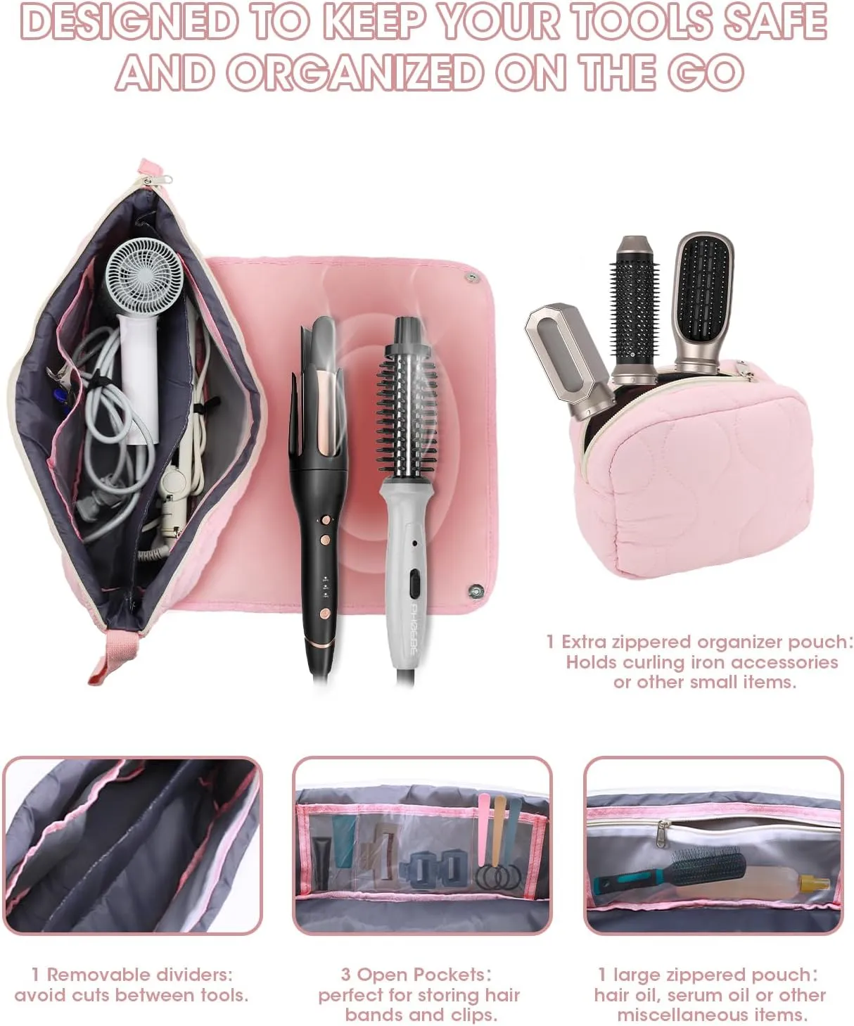 Onism Hair Tools Travel Bag with Heat Resistant Mat for Straighteners, Flat Iron, Curling Iron, Hot Air Brush, Haircare Accessories and Hair Dryer, 2-in-1 design, Portable Organizer((Pink)