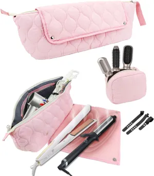 Onism Hair Tools Travel Bag with Heat Resistant Mat for Straighteners, Flat Iron, Curling Iron, Hot Air Brush, Haircare Accessories and Hair Dryer, 2-in-1 design, Portable Organizer((Pink)
