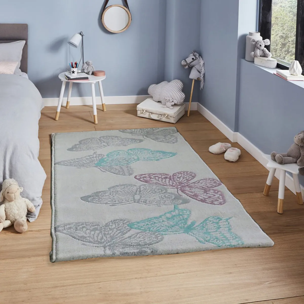 Open Butterfly Patterned Rug in Light Grey Background with Aqua, 60 x 110cm