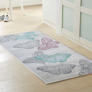 Open Butterfly Patterned Rug in Light Grey Background with Aqua, 60 x 110cm