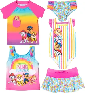 Paw Patrol Marshall Rubble Chase 5 Piece Swimsuit Set: One-Piece Swimsuit Swim Rash Guard Tankini Top Bottom Skort