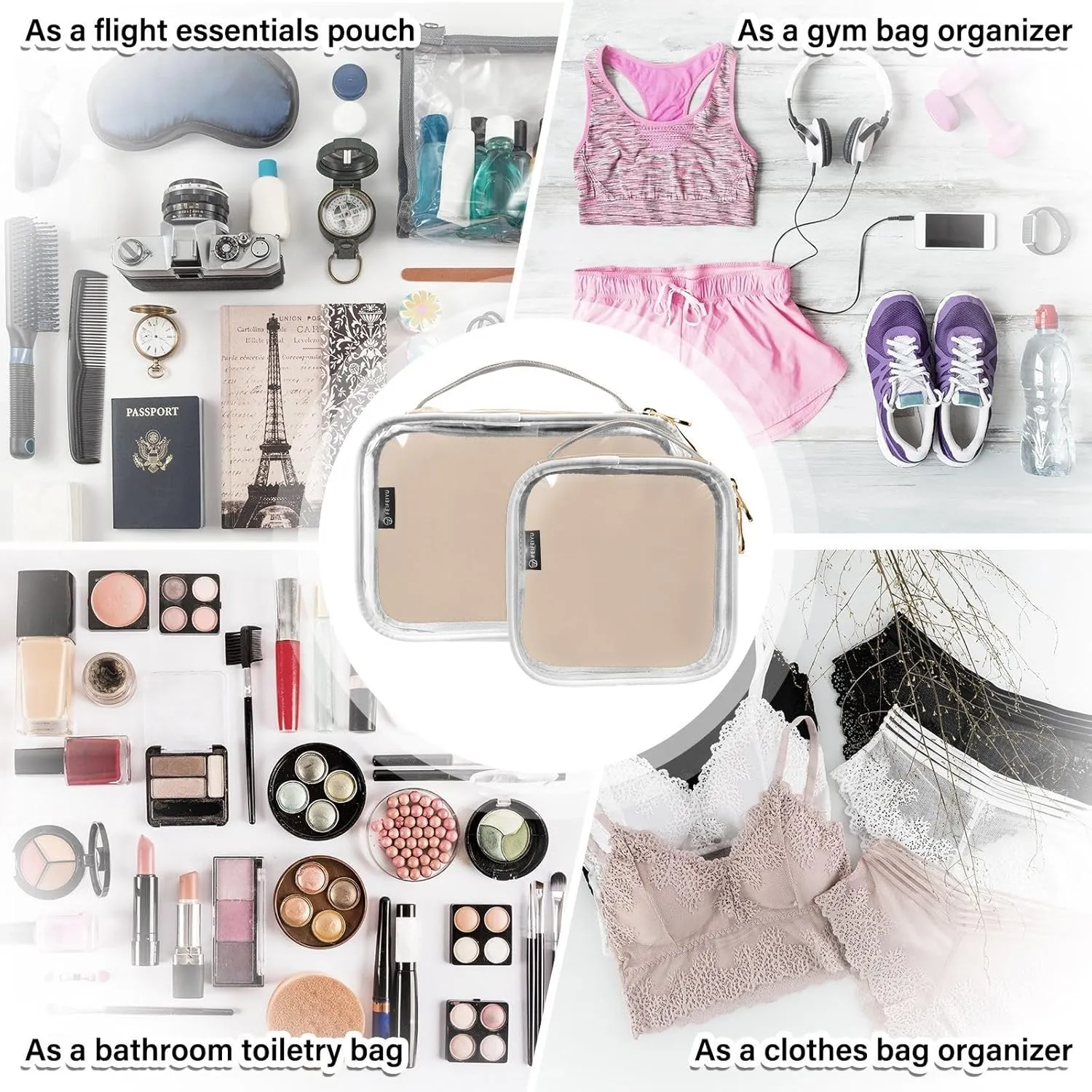 Peach Beige Clear Makeup Bags TSA Approved Toiletry Bag for Women Men Cosmetic Bags with Handle Carry On Airport Airline Compliant Bag Quart Size PVC Travel Bags for Toiletries Business, 2 Pack