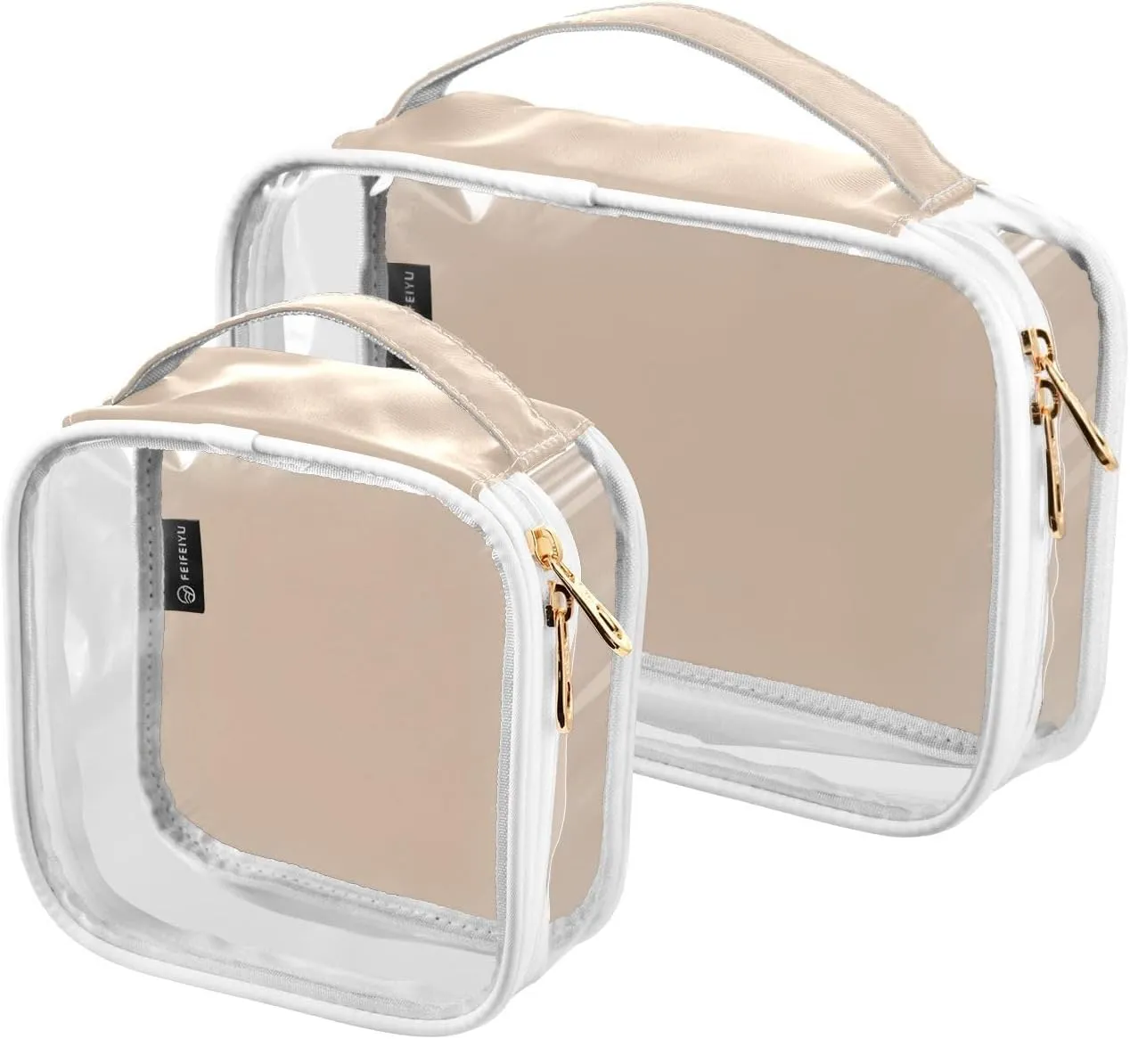 Peach Beige Clear Makeup Bags TSA Approved Toiletry Bag for Women Men Cosmetic Bags with Handle Carry On Airport Airline Compliant Bag Quart Size PVC Travel Bags for Toiletries Business, 2 Pack