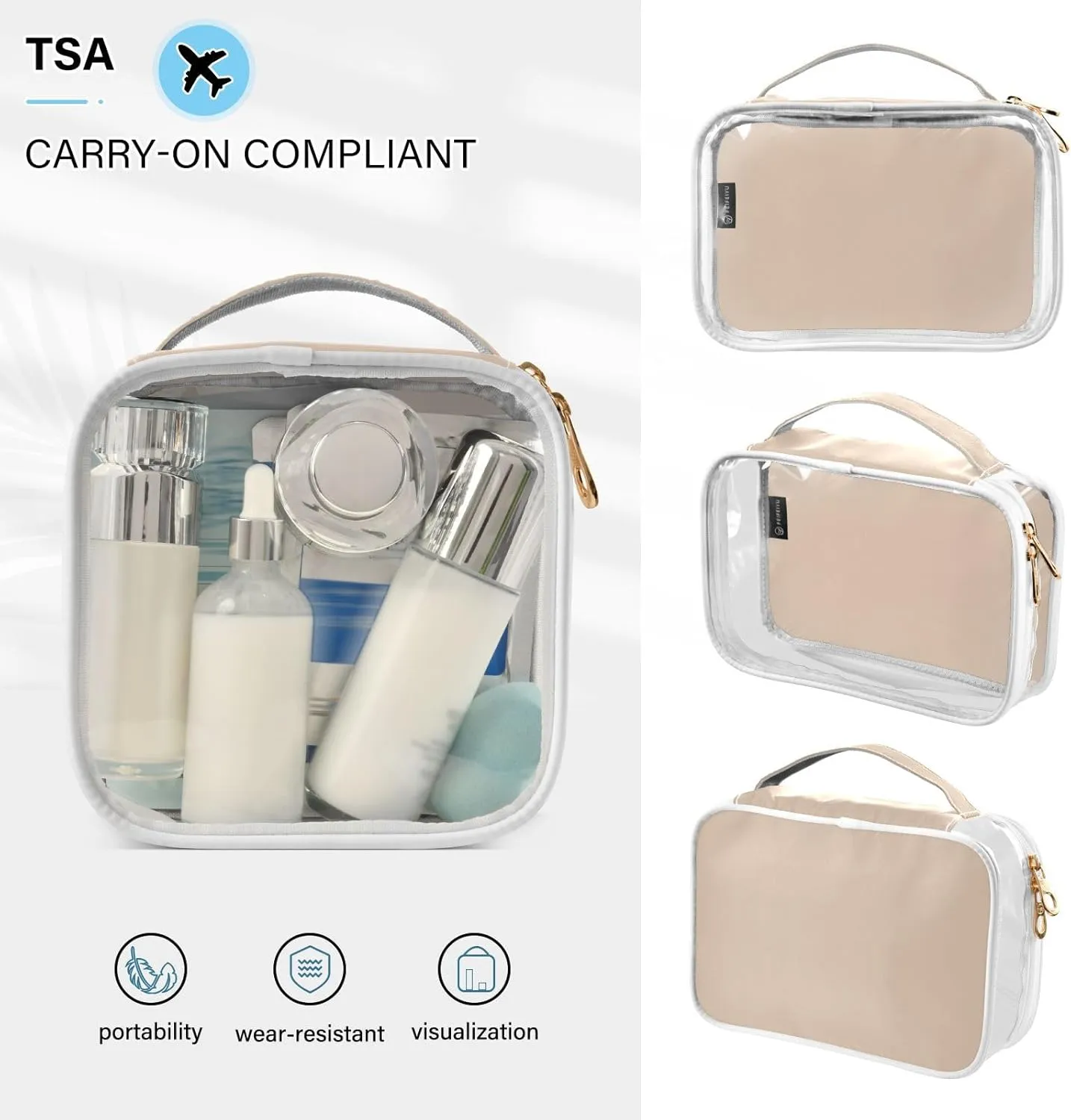 Peach Beige Clear Makeup Bags TSA Approved Toiletry Bag for Women Men Cosmetic Bags with Handle Carry On Airport Airline Compliant Bag Quart Size PVC Travel Bags for Toiletries Business, 2 Pack