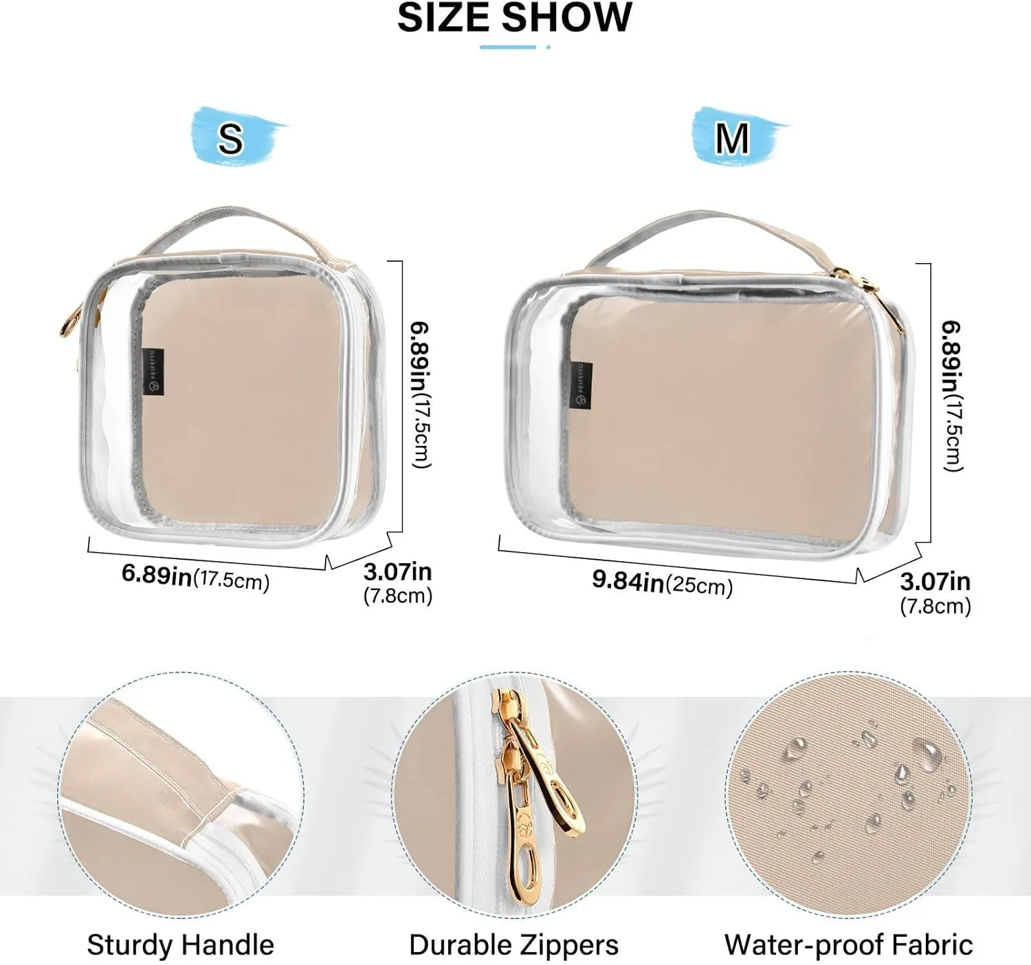 Peach Beige Clear Makeup Bags TSA Approved Toiletry Bag for Women Men Cosmetic Bags with Handle Carry On Airport Airline Compliant Bag Quart Size PVC Travel Bags for Toiletries Business, 2 Pack