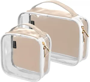 Peach Beige Clear Makeup Bags TSA Approved Toiletry Bag for Women Men Cosmetic Bags with Handle Carry On Airport Airline Compliant Bag Quart Size PVC Travel Bags for Toiletries Business, 2 Pack