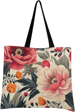Peony Flower Tote Bag for Women Girl Canvas Shoulder Handbags Reusable Grocery Bags Large Purse with Inner Pocket 214a5235