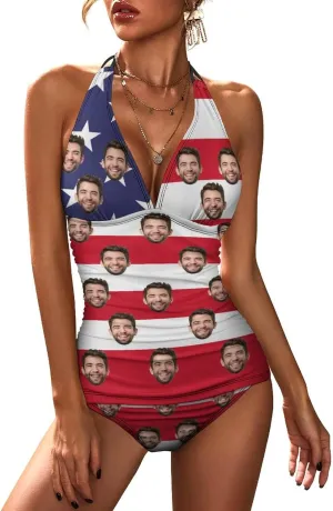 Personalized Husband Face on Women V Neck Swimsuits American Flag 2 Piece Bathing Suits Swim