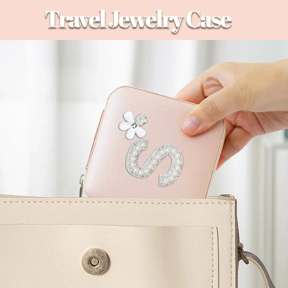 Personalized Initial Jewelry Box Travel Jewelry Case With Mirror, Makeup Bag Cosmetic Bag Ring Necklace Earring Holder Organizer, for Teen Girls Friend Woman Birthday Gift(I)