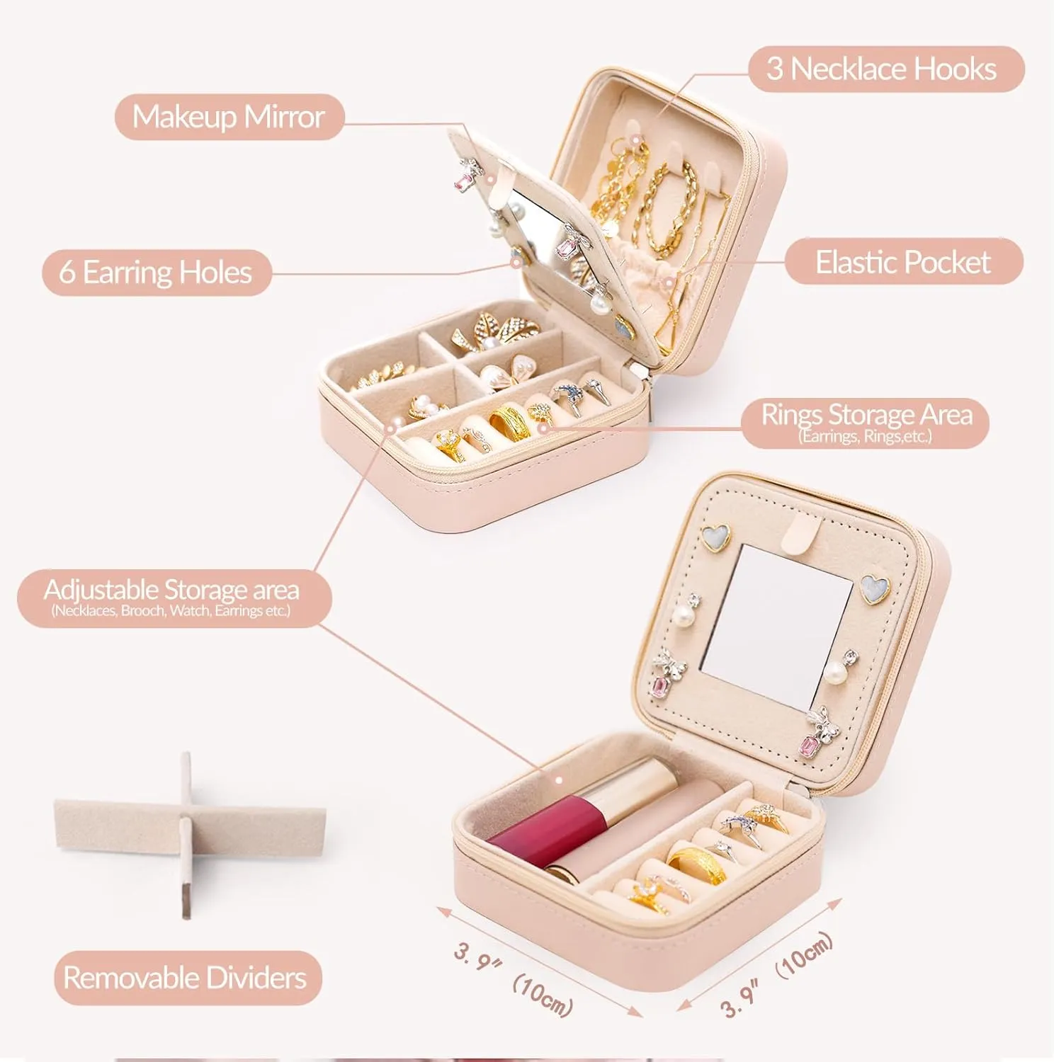 Personalized Initial Jewelry Box Travel Jewelry Case With Mirror, Makeup Bag Cosmetic Bag Ring Necklace Earring Holder Organizer, for Teen Girls Friend Woman Birthday Gift(I)