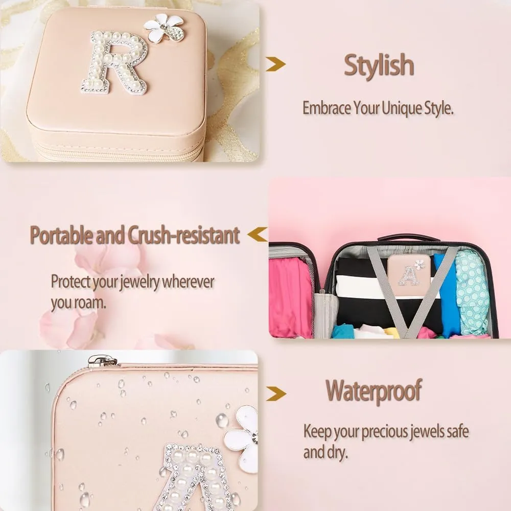 Personalized Initial Jewelry Box Travel Jewelry Case With Mirror, Makeup Bag Cosmetic Bag Ring Necklace Earring Holder Organizer, for Teen Girls Friend Woman Birthday Gift(I)