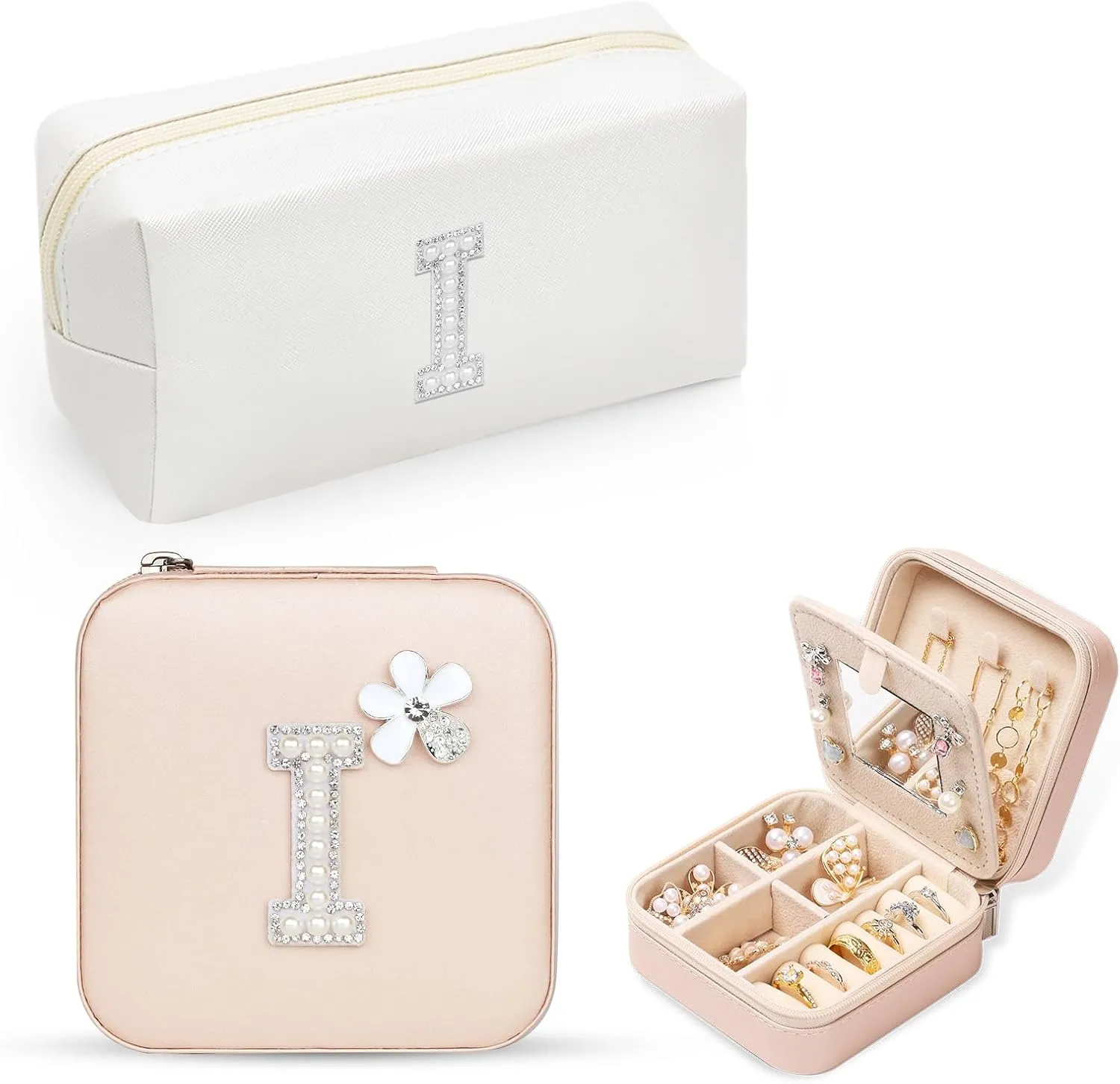 Personalized Initial Jewelry Box Travel Jewelry Case With Mirror, Makeup Bag Cosmetic Bag Ring Necklace Earring Holder Organizer, for Teen Girls Friend Woman Birthday Gift(I)