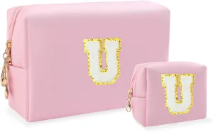 Personalized Initial Letter Makeup Bag, Preppy Patch Bag, 2Pcs Waterproof PU Leather Chenille Letter Cosmetic Bag, Pink Travel Makeup Bag With Zipper For Girls Women