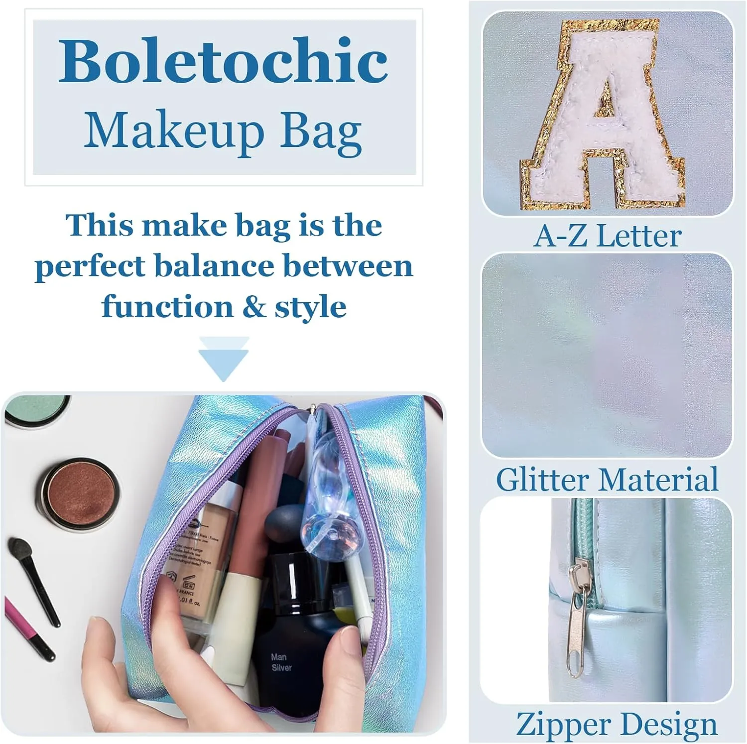 Personalized Initial Makeup Bag, Letter Zipper Cosmetic Bag for Womens, Preppy Makeup Bags, Glitter Waterproof Cute Makeup Pouch, Travel Makeup Bags for Mother's Day Birthday GiftsLetter A)