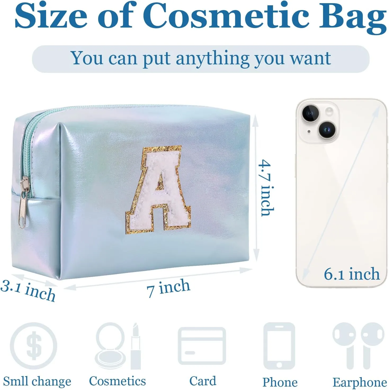 Personalized Initial Makeup Bag, Letter Zipper Cosmetic Bag for Womens, Preppy Makeup Bags, Glitter Waterproof Cute Makeup Pouch, Travel Makeup Bags for Mother's Day Birthday GiftsLetter A)