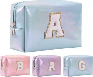 Personalized Initial Makeup Bag, Letter Zipper Cosmetic Bag for Womens, Preppy Makeup Bags, Glitter Waterproof Cute Makeup Pouch, Travel Makeup Bags for Mother's Day Birthday GiftsLetter A)