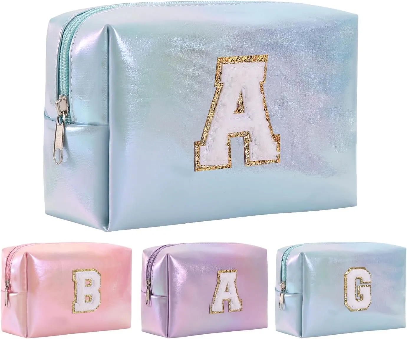 Personalized Initial Makeup Bag, Letter Zipper Cosmetic Bag for Womens, Preppy Makeup Bags, Glitter Waterproof Cute Makeup Pouch, Travel Makeup Bags for Mother's Day Birthday GiftsLetter A)