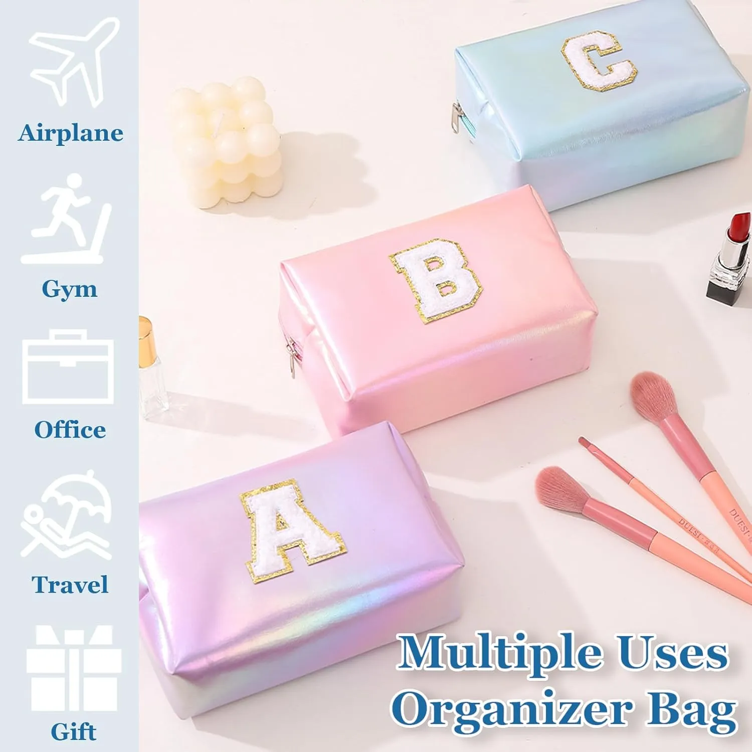 Personalized Initial Makeup Bag, Letter Zipper Cosmetic Bag for Womens, Preppy Makeup Bags, Glitter Waterproof Cute Makeup Pouch, Travel Makeup Bags for Mother's Day Birthday GiftsLetter A)