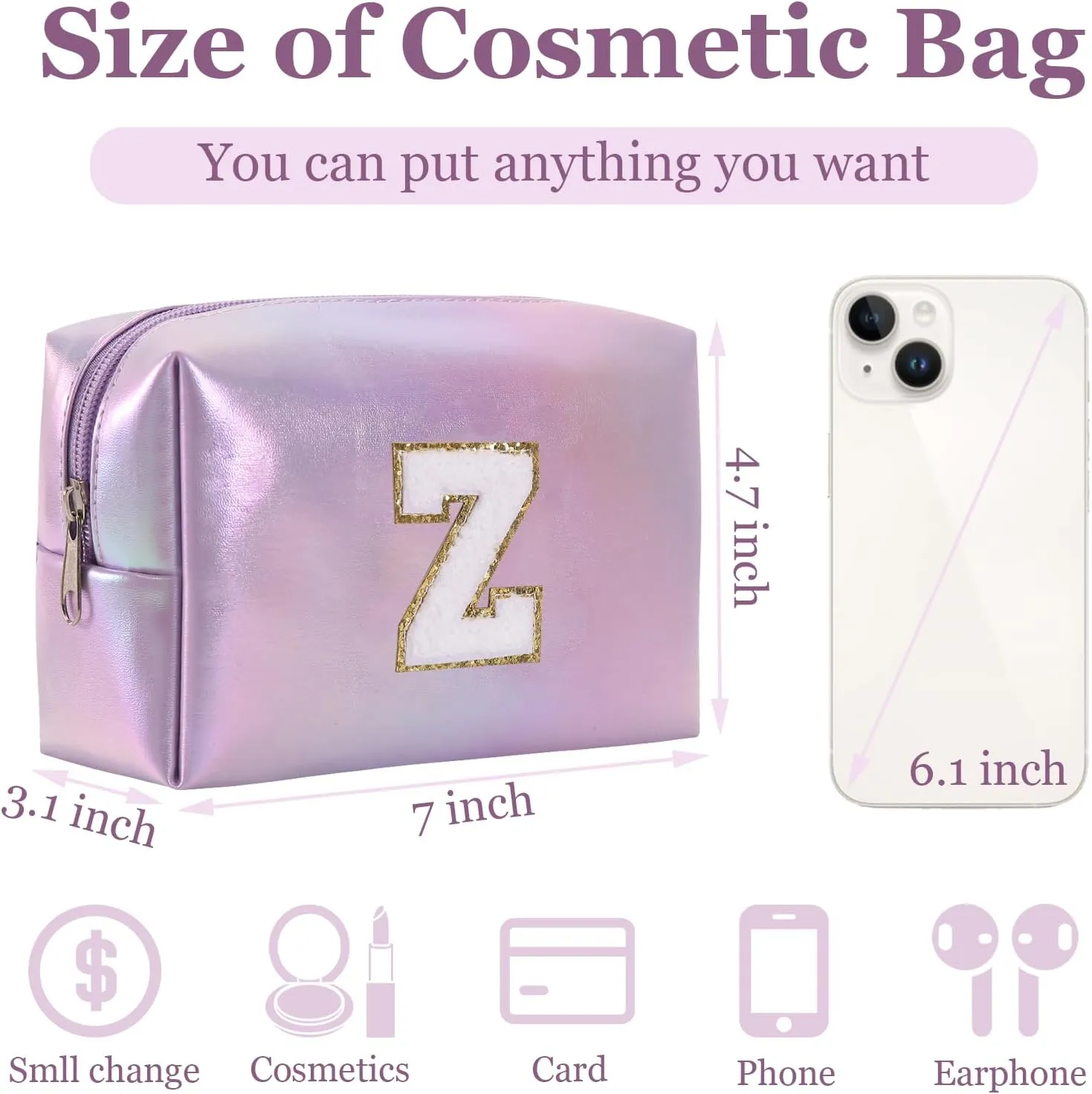 Personalized Initial Makeup Bag, Letter Zipper Cosmetic Bag for Womens, Preppy Makeup Bags, Glitter Waterproof Cute Makeup Pouch, Travel Makeup Bags for Mother's Day Birthday GiftsLetter Z)