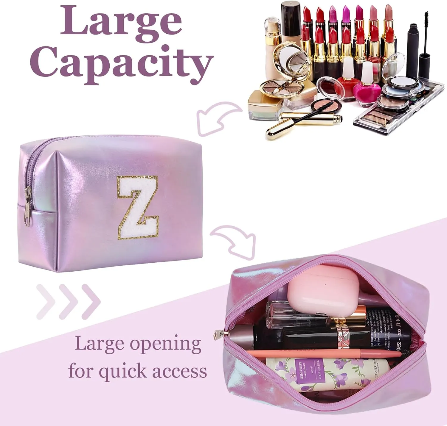 Personalized Initial Makeup Bag, Letter Zipper Cosmetic Bag for Womens, Preppy Makeup Bags, Glitter Waterproof Cute Makeup Pouch, Travel Makeup Bags for Mother's Day Birthday GiftsLetter Z)