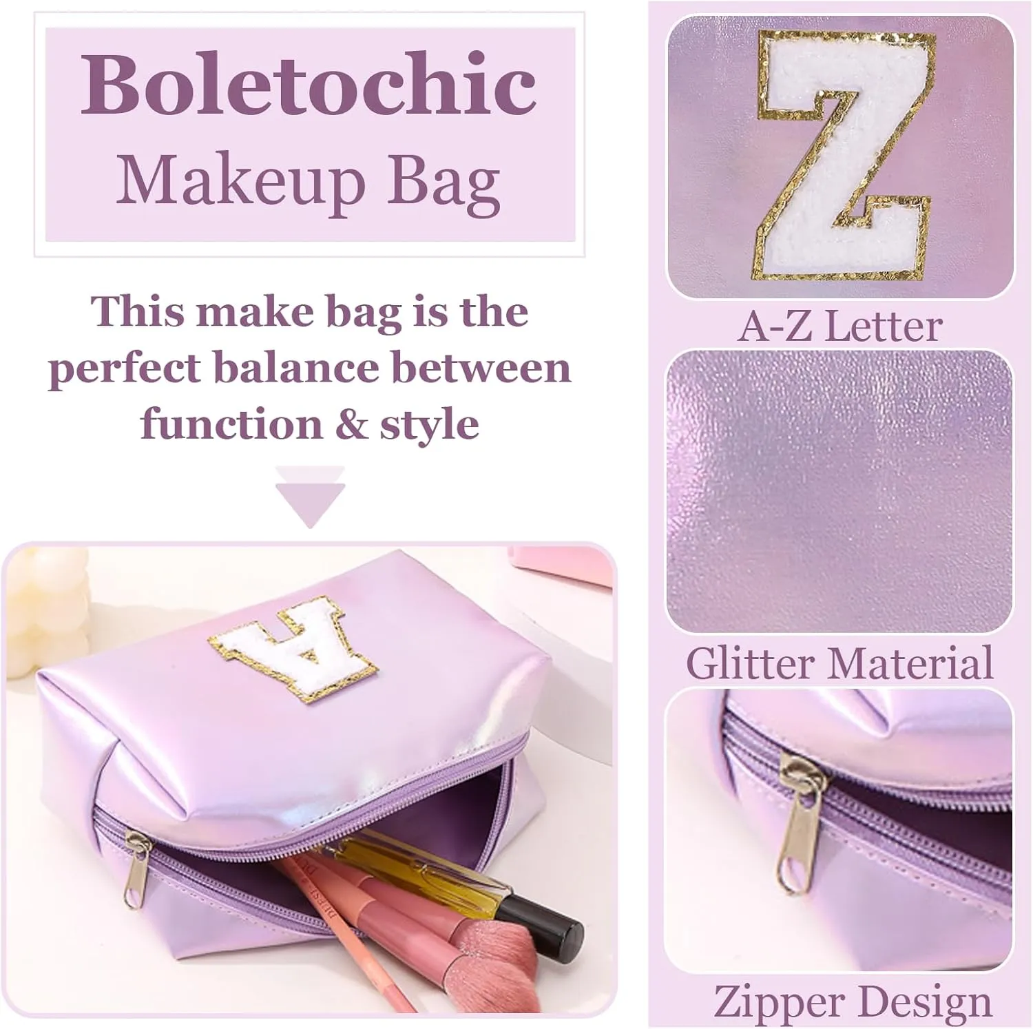 Personalized Initial Makeup Bag, Letter Zipper Cosmetic Bag for Womens, Preppy Makeup Bags, Glitter Waterproof Cute Makeup Pouch, Travel Makeup Bags for Mother's Day Birthday GiftsLetter Z)