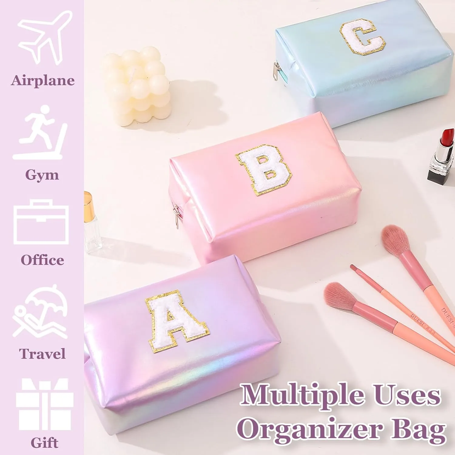 Personalized Initial Makeup Bag, Letter Zipper Cosmetic Bag for Womens, Preppy Makeup Bags, Glitter Waterproof Cute Makeup Pouch, Travel Makeup Bags for Mother's Day Birthday GiftsLetter Z)