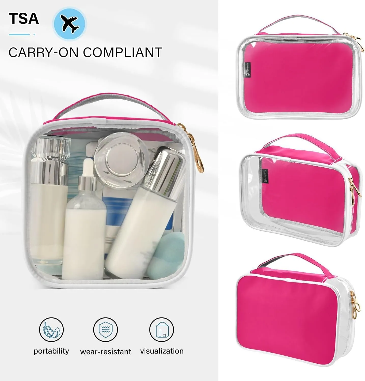 Pink Clear Makeup Bags TSA Approved Toiletry Bag for Women Men Cosmetic Bags with Zipper Carry On Airport Airline Compliant Bag Quart Size PVC Travel Bags for Toiletries Business, 2 Pack