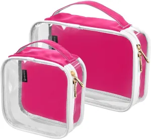 Pink Clear Makeup Bags TSA Approved Toiletry Bag for Women Men Cosmetic Bags with Zipper Carry On Airport Airline Compliant Bag Quart Size PVC Travel Bags for Toiletries Business, 2 Pack