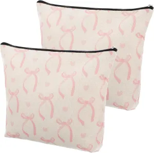 Pink Coquette Bow Aesthetic Makeup Cosmetic Bag Cute Makeup Bag Trendy Preppy Zipper Bags Travel Toiletry Personalized Organizer Funky Pouch Gift Bags for Women Birthday Christmas Valentines