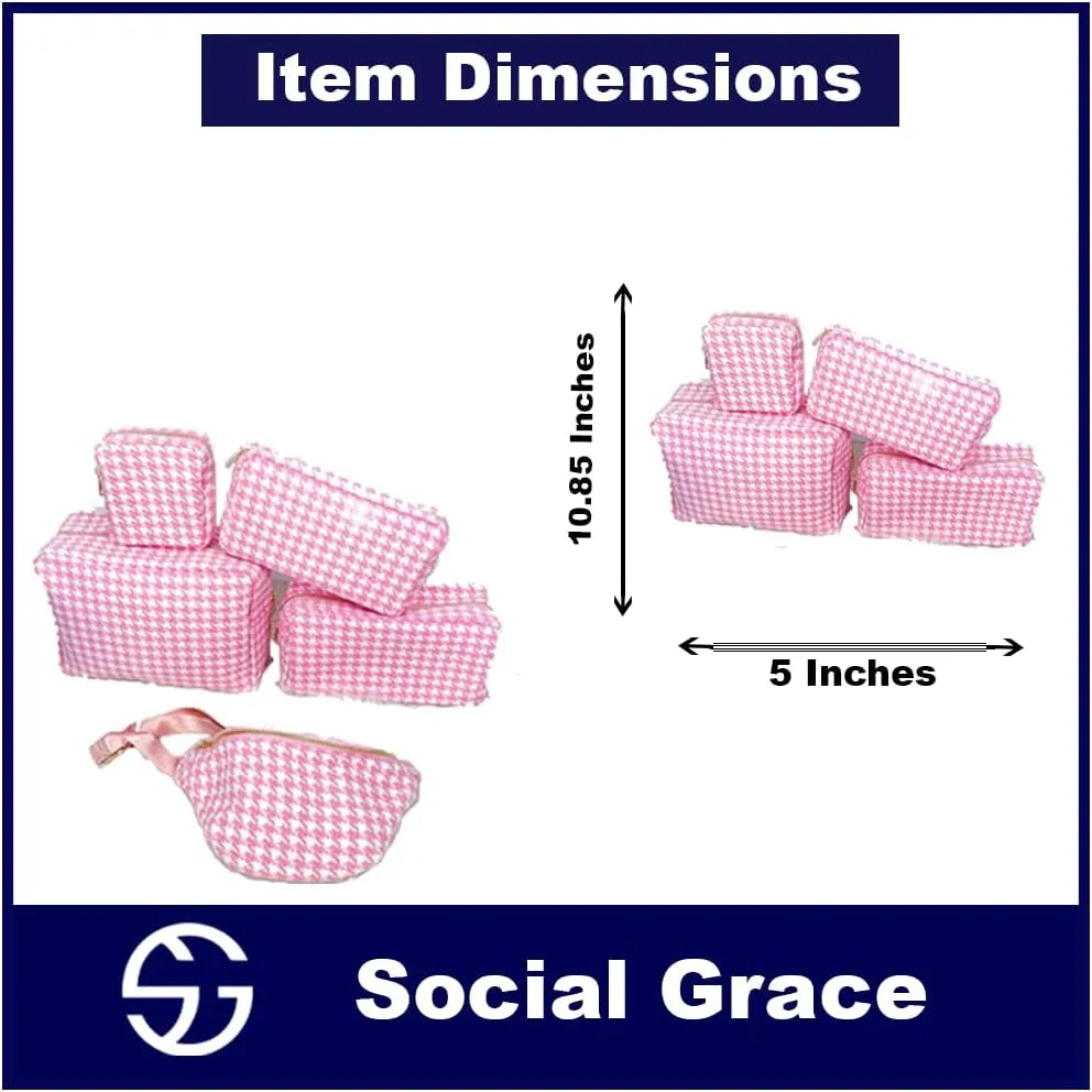 Pink Houndstooth Cosmetic Bag - Fanny Pack Travel with Zipper Preppy Pouch, valentine's day Makeup Bag Waterproof Makeup Organizer Bag Set for Women Girls