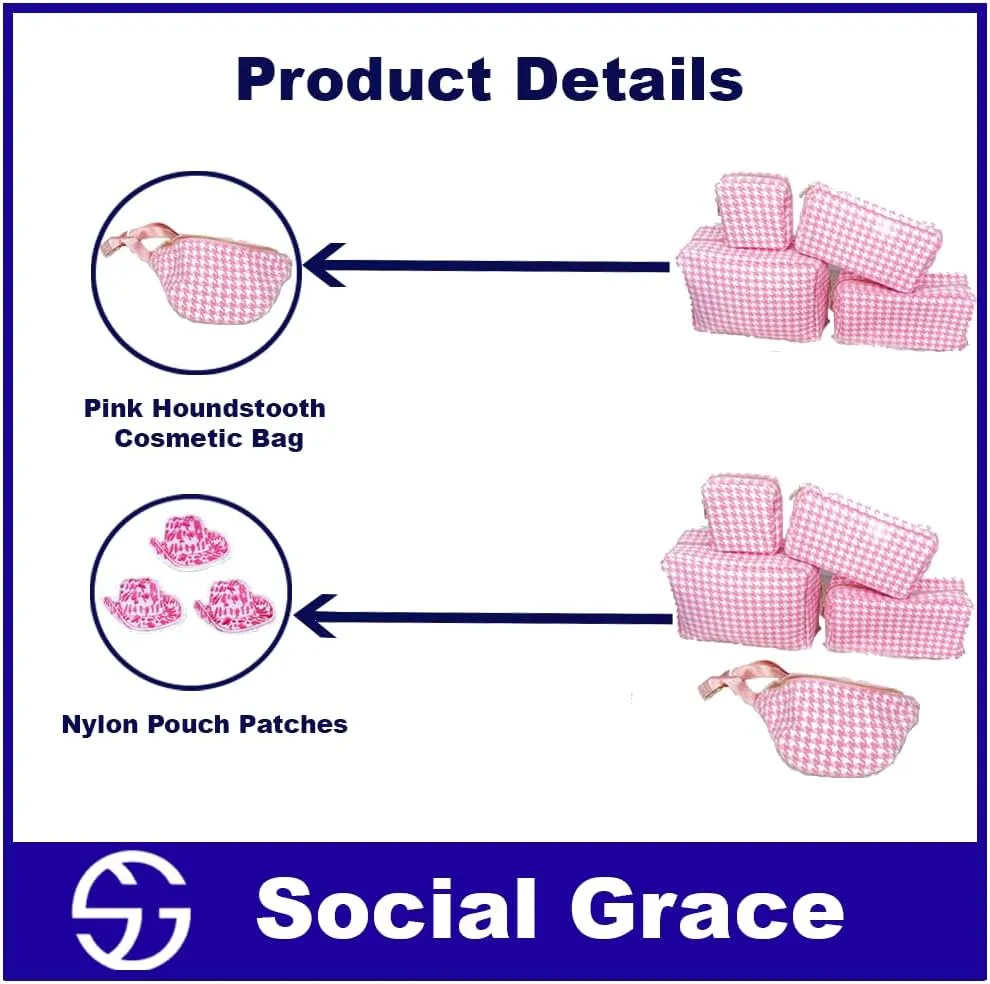 Pink Houndstooth Cosmetic Bag - Fanny Pack Travel with Zipper Preppy Pouch, valentine's day Makeup Bag Waterproof Makeup Organizer Bag Set for Women Girls