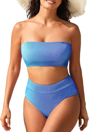 Pink Queen Women High Waisted Bikini Set Ribbed Colorful Bandeau Swimsuits Bathing Suit