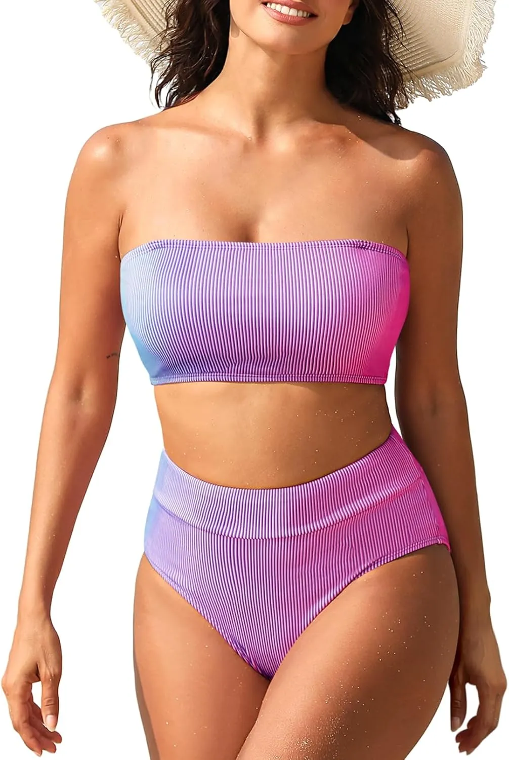 Pink Queen Women High Waisted Bikini Set Ribbed Colorful Bandeau Swimsuits Bathing Suit