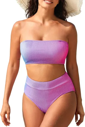 Pink Queen Women High Waisted Bikini Set Ribbed Colorful Bandeau Swimsuits Bathing Suit