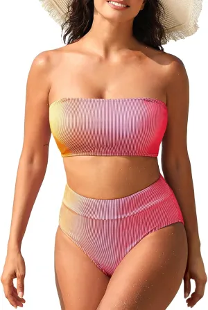 Pink Queen Women High Waisted Bikini Set Ribbed Colorful Bandeau Swimsuits Bathing Suit