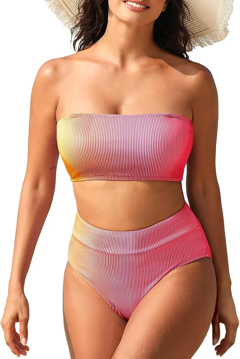 Pink Queen Women High Waisted Bikini Set Ribbed Colorful Bandeau Swimsuits Bathing Suit