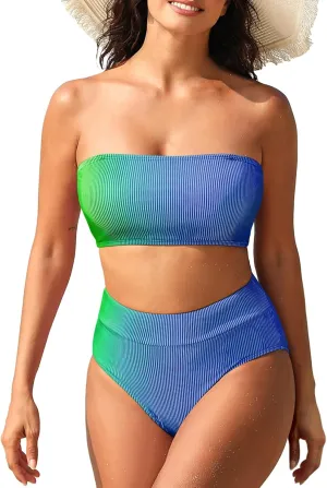 Pink Queen Women High Waisted Bikini Set Ribbed Colorful Bandeau Swimsuits Bathing Suit