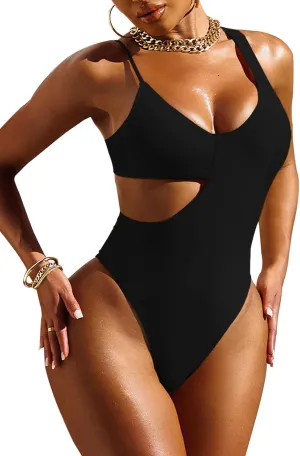 Pink Queen Women's Sexy One Piece Swimsuit Scoop Neck Cutout Waist Tummy Control Bathing Suit Swimwear