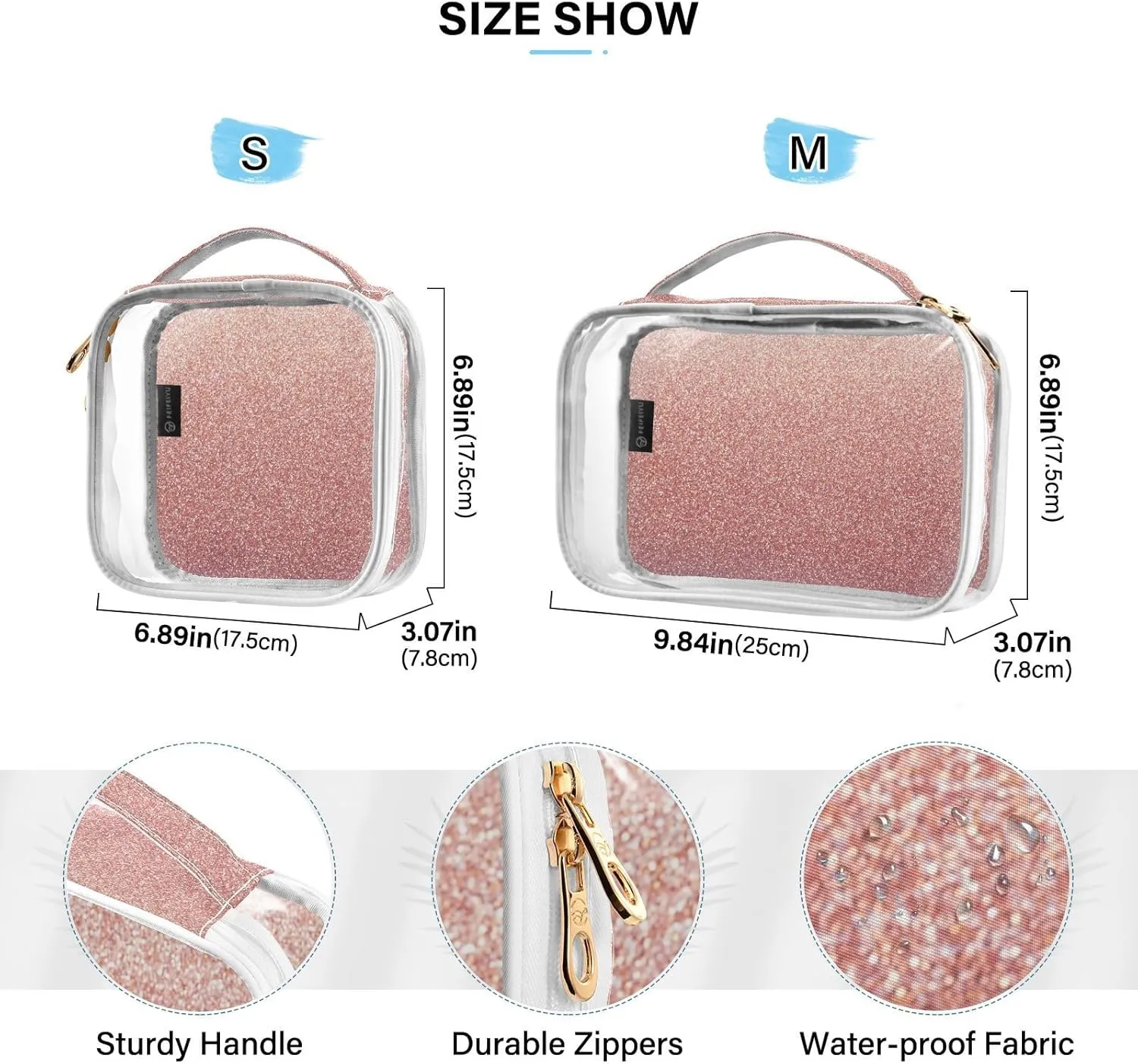 Pink Sparkle Clear Makeup Bags TSA Approved Toiletry Bag for Women Men Cosmetic Bags with Zipper Carry On Airport Airline Compliant Bag Quart Size PVC Travel Bags for Toiletries Organizing, 2 Pack