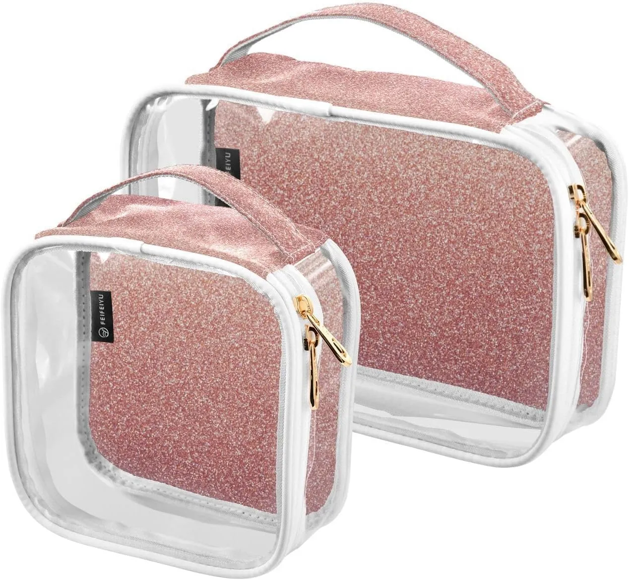 Pink Sparkle Clear Makeup Bags TSA Approved Toiletry Bag for Women Men Cosmetic Bags with Zipper Carry On Airport Airline Compliant Bag Quart Size PVC Travel Bags for Toiletries Organizing, 2 Pack