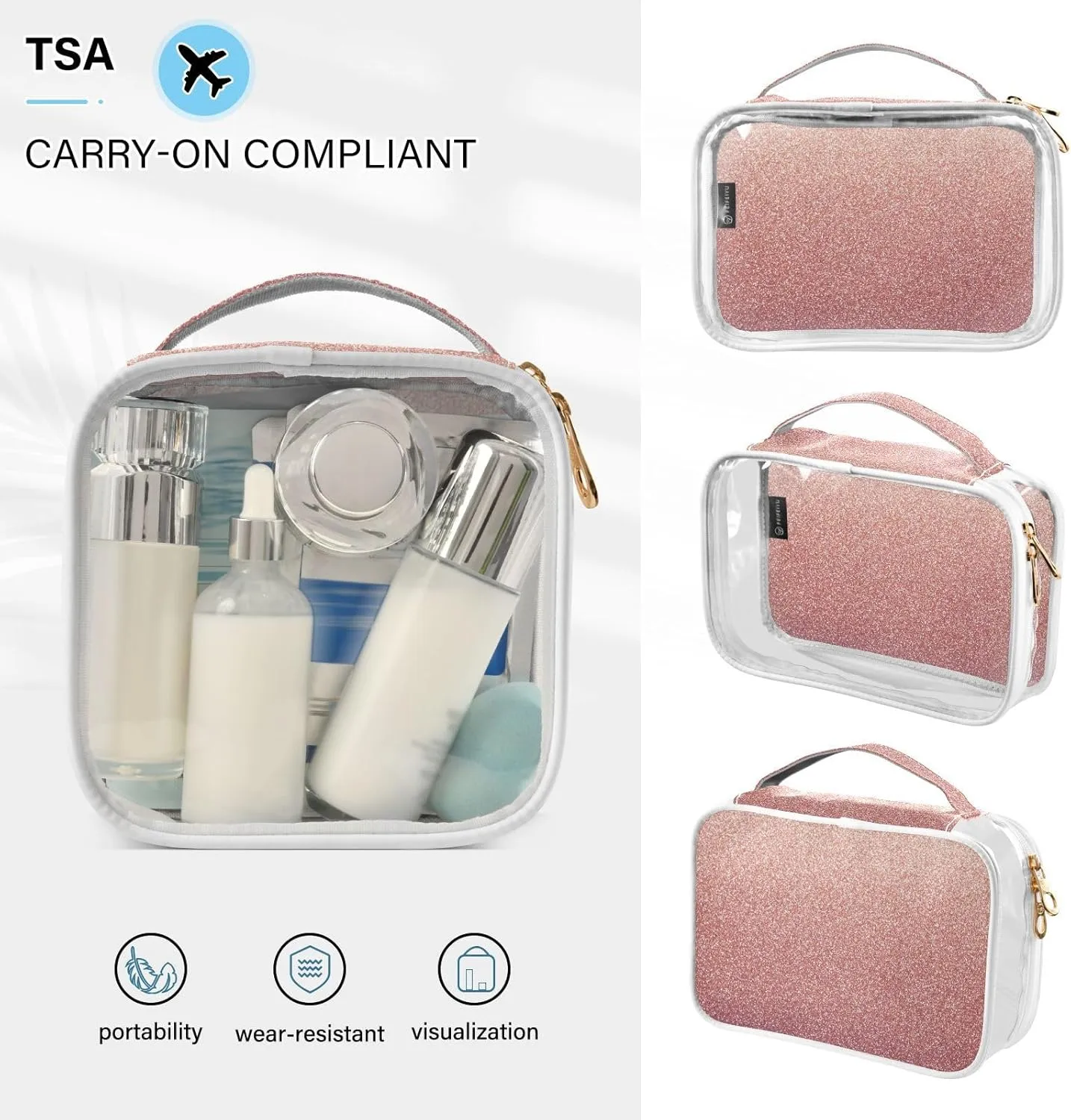 Pink Sparkle Clear Makeup Bags TSA Approved Toiletry Bag for Women Men Cosmetic Bags with Zipper Carry On Airport Airline Compliant Bag Quart Size PVC Travel Bags for Toiletries Organizing, 2 Pack