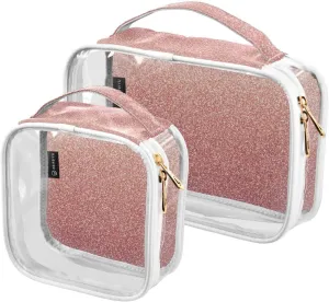 Pink Sparkle Clear Makeup Bags TSA Approved Toiletry Bag for Women Men Cosmetic Bags with Zipper Carry On Airport Airline Compliant Bag Quart Size PVC Travel Bags for Toiletries Organizing, 2 Pack