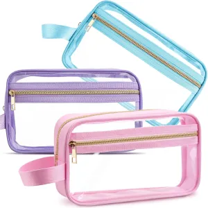 Pinkunn 3 Pieces Clear Cosmetic Bags with Zipper Makeup Bags Set Clear Toiletry Bag with Handles for Women Makeup Organizer Storage Pouches Fit Carry-on Travel Essentials(Blue, Purple, Pink)