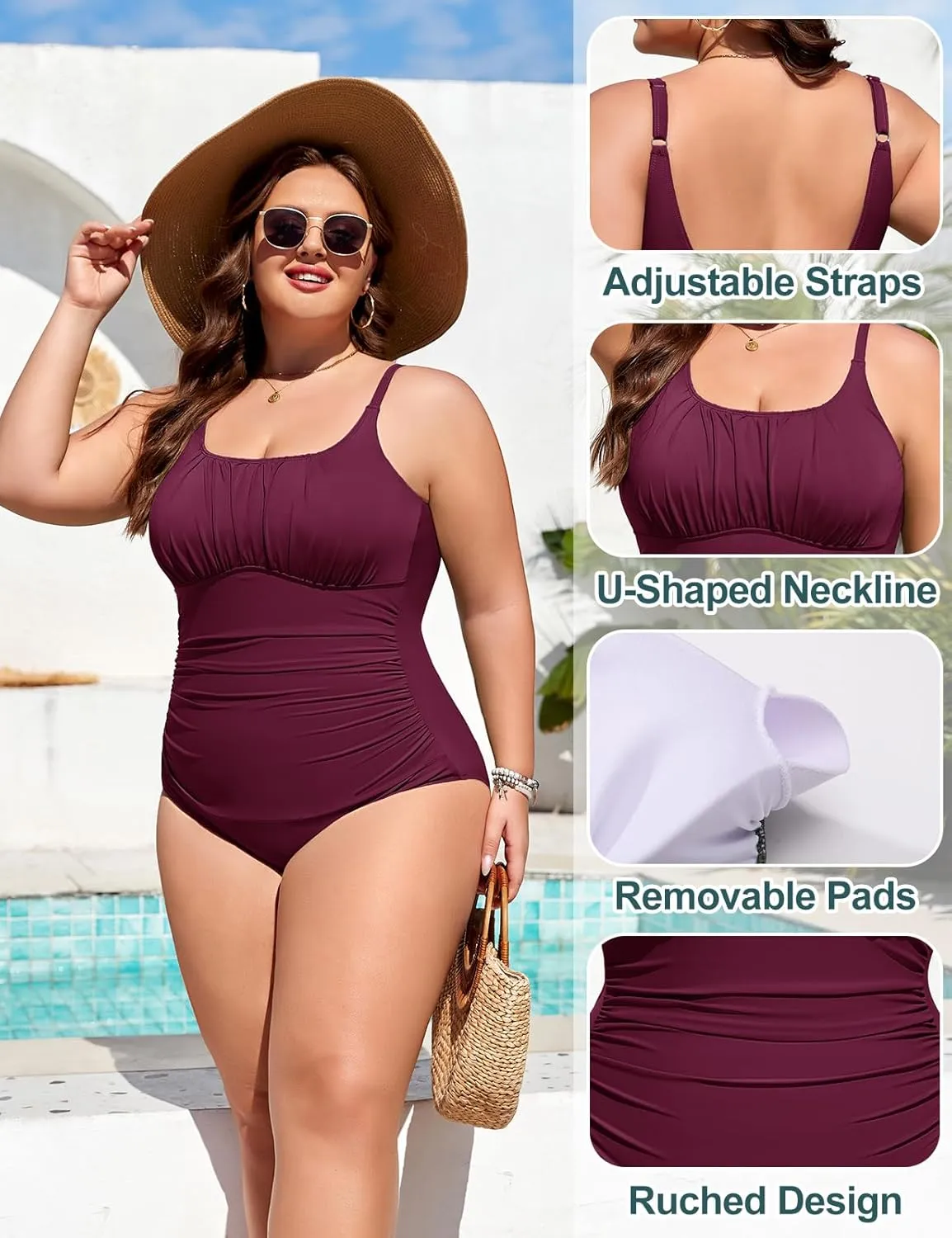Plus Size Bathing Suit for Women Tummy Control One Piece Swimsuit Push Up Modest Swim Suits Adjustable Straps L-4XL