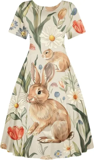 Plus Size Easter Dresses for Women Cute Egg Bunny Dress Short Sleeve Crewneck V-Back Midi Dresses Retro 1950s Dress
