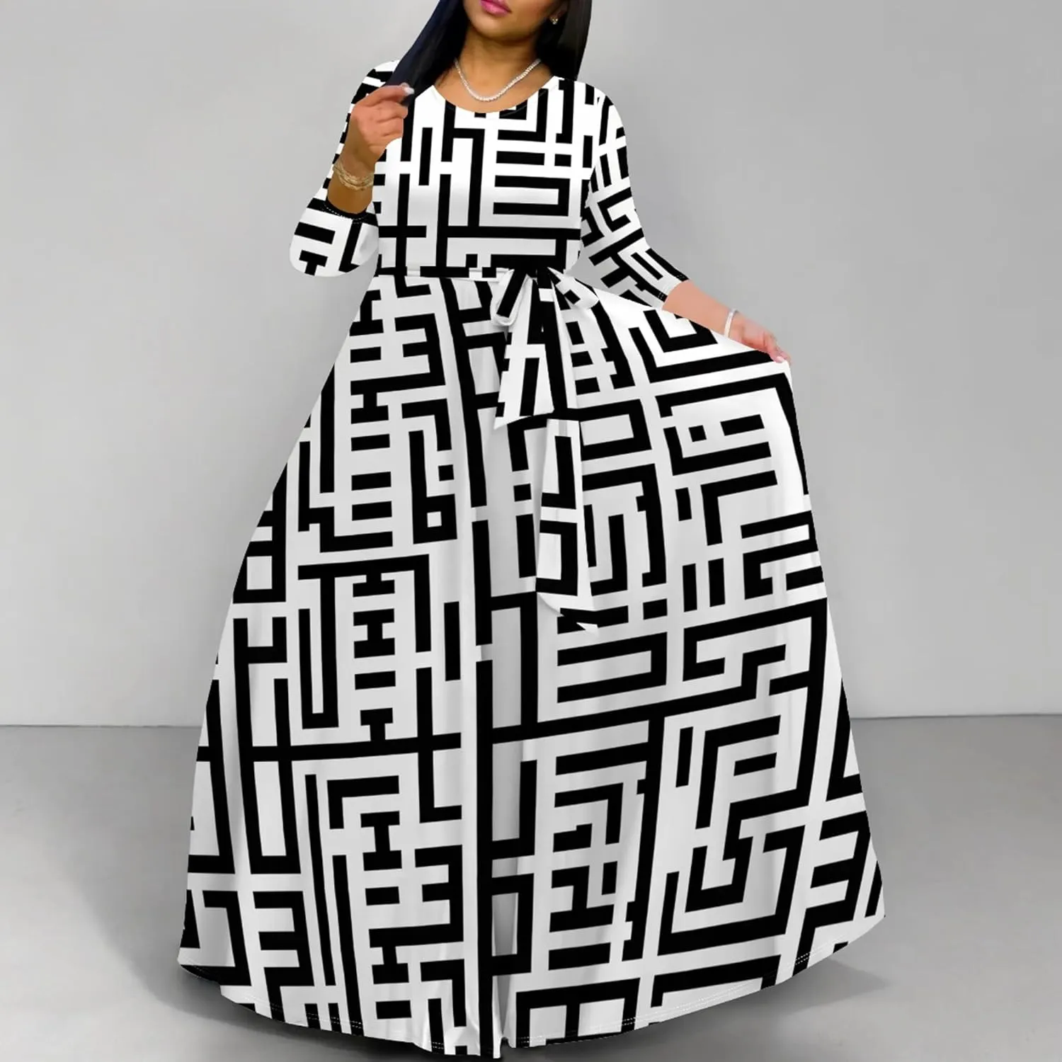 Plus Size Maxi Dresses for Curvy Women Casual Long Sleeve Crewneck Wrap Floor Length Dress with Belt